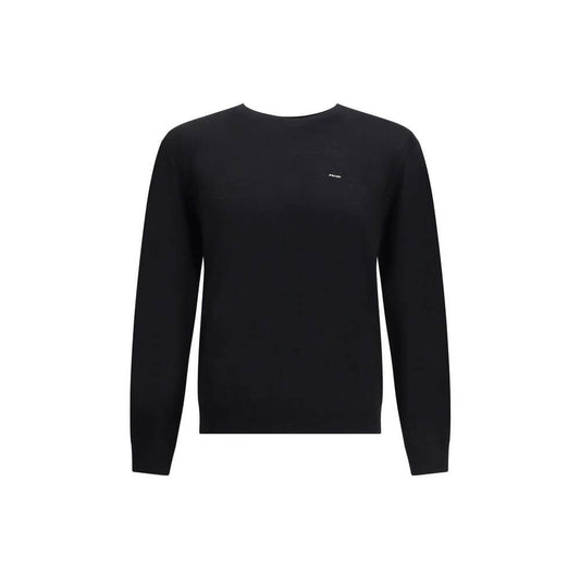 Prada Black Fleece Wool Sweatshirt with embroidered logo and ribbed crew neck, a timeless and elegant AW25 wardrobe essential.
