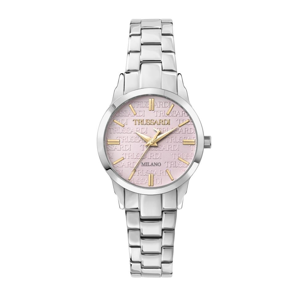 Stylish silver TRUSSARDI MOD. T-BENT watch with a pink dial and gold-tone accents.