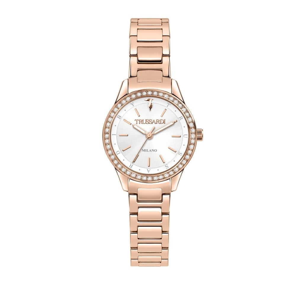 Luxury wristwatch TRUSSARDI MOD. T-SKY with elegant rose gold finish and diamond accents, featuring a sophisticated round dial.