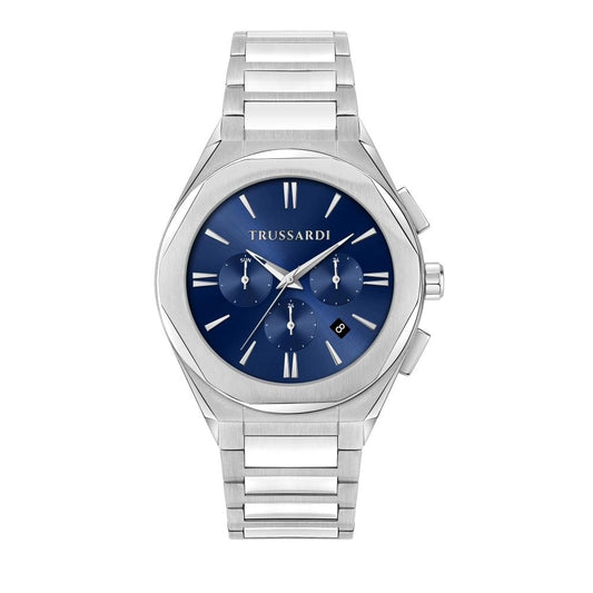 TRUSSARDI MOD. BIG silver wristwatch with blue dial, multifunction quartz movement, 44 mm case for gent.
