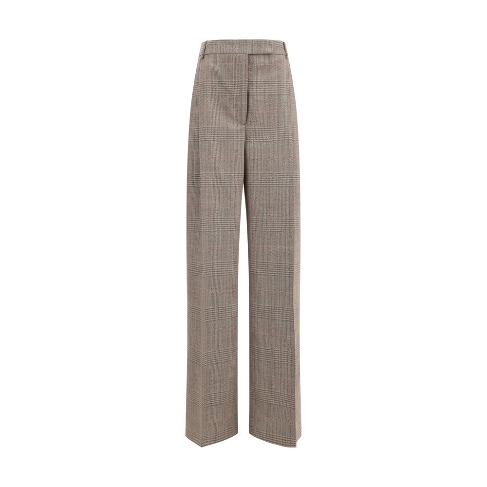 Rohe Beige Fleece Wool Casual Pants wide leg with Prince of Wales fabric, front hook-and-zip, welt pockets, and belt loops.