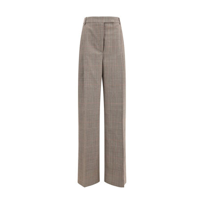 Rohe Beige Fleece Wool Casual Pants wide leg with Prince of Wales fabric, front hook-and-zip, welt pockets, and belt loops.
