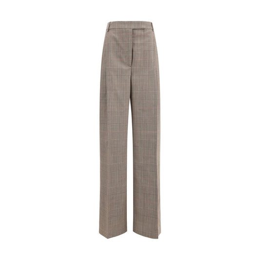 Rohe Beige Fleece Wool Casual Pants wide leg with Prince of Wales fabric, front hook-and-zip, welt pockets, and belt loops.