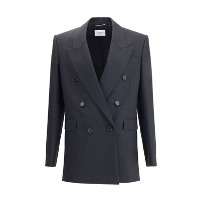 Saint Laurent Black Wool Clothing - Double-breasted Blazer with Peaked Lapels and Six-button Closure.