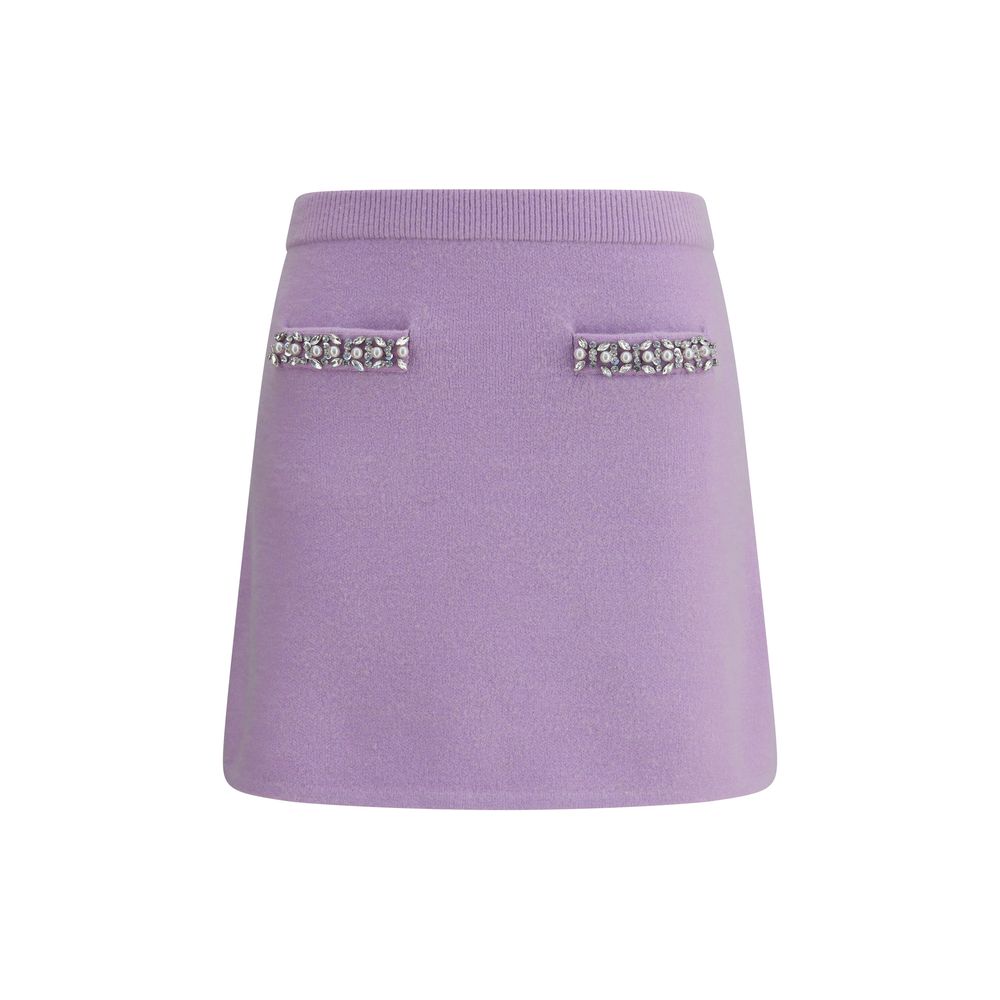 Alt Tag: Self-Portrait Purple Viscose Mini Skirt with jewel embellishments and elastic waistband, featuring two front slit pockets.