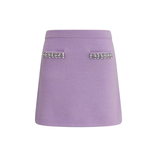 Alt Tag: Self-Portrait Purple Viscose Mini Skirt with jewel embellishments and elastic waistband, featuring two front slit pockets.