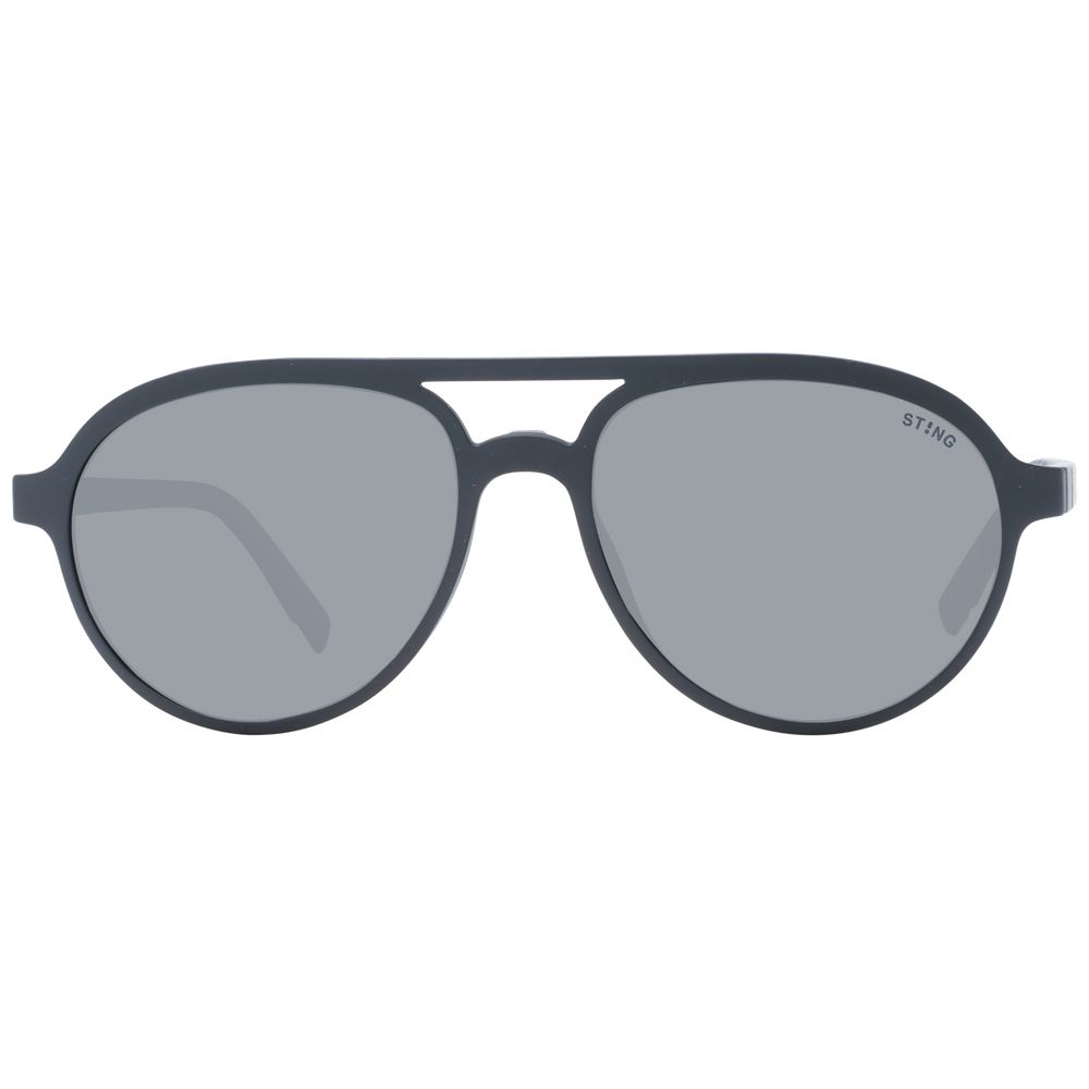Sting Black Men Glasses Frame, full-rim aviator style, black plastic with polarized lenses, includes branded case for UV protection.
