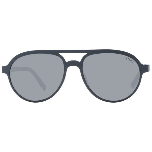Sting Black Men Glasses Frame, full-rim aviator style, black plastic with polarized lenses, includes branded case for UV protection.