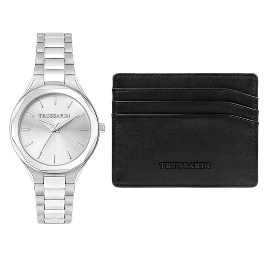 TRUSSARDI MOD. BRINK silver watch and black cardholder set