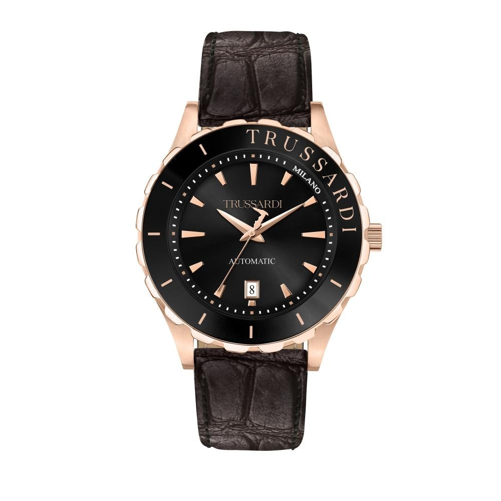 TRUSSARDI MOD. T-LOGO wristwatch with 43 mm SS IP Rose Gold case, quartz movement, mineral dial, leather strap, and 5 ATM water resistance.