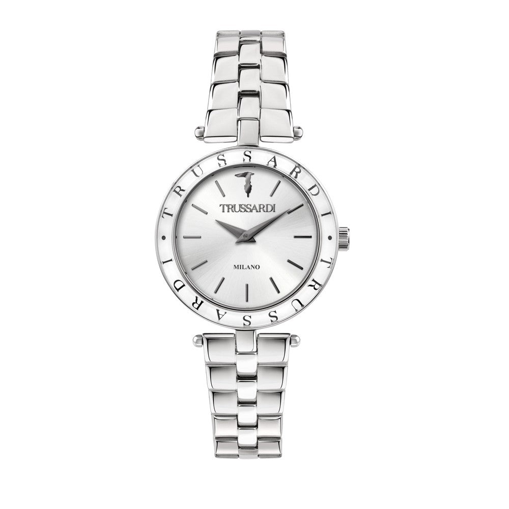TRUSSARDI MOD. T-SHINY silver luxury watch with stainless steel bracelet and minimalist dial design.