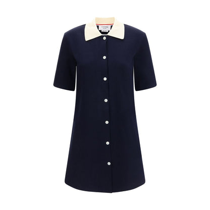 Thom Browne Blue Cotton Casual Dress, short-sleeved, ribbed knit, front button closure, polo-style collar, elegant AW25 design.