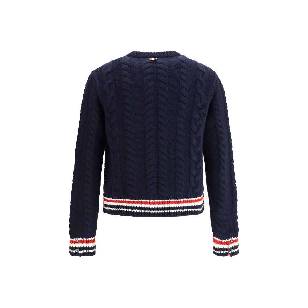 Back view of Thom Browne Cable knit Sweater with tricolor hem and cuffs details