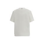 Back view of Thom Browne Cotton T-Shirt with ribbed crew neck and asymmetrical hem, featuring side buttons and classic logo detailing.