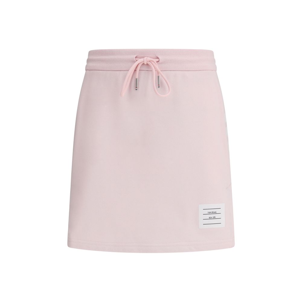 Thom Browne Multicolor Cotton Mini Skirt with drawstring waistband and logo patch, featuring iconic multicolored bands, 100% cotton.