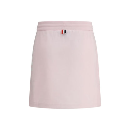 Thom Browne Multicolor Cotton Mini Skirt with adjustable drawstring and logo patch, featuring front slits and iconic side bands.