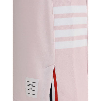 Detail of Thom Browne Multicolor Cotton Mini Skirt showing logo patch, front slits, and multicolored bands.
