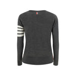 Back view of Thom Browne Sweater showing iconic contrast stripes on left arm, ribbed knit and monochrome pattern, AW25 collection.