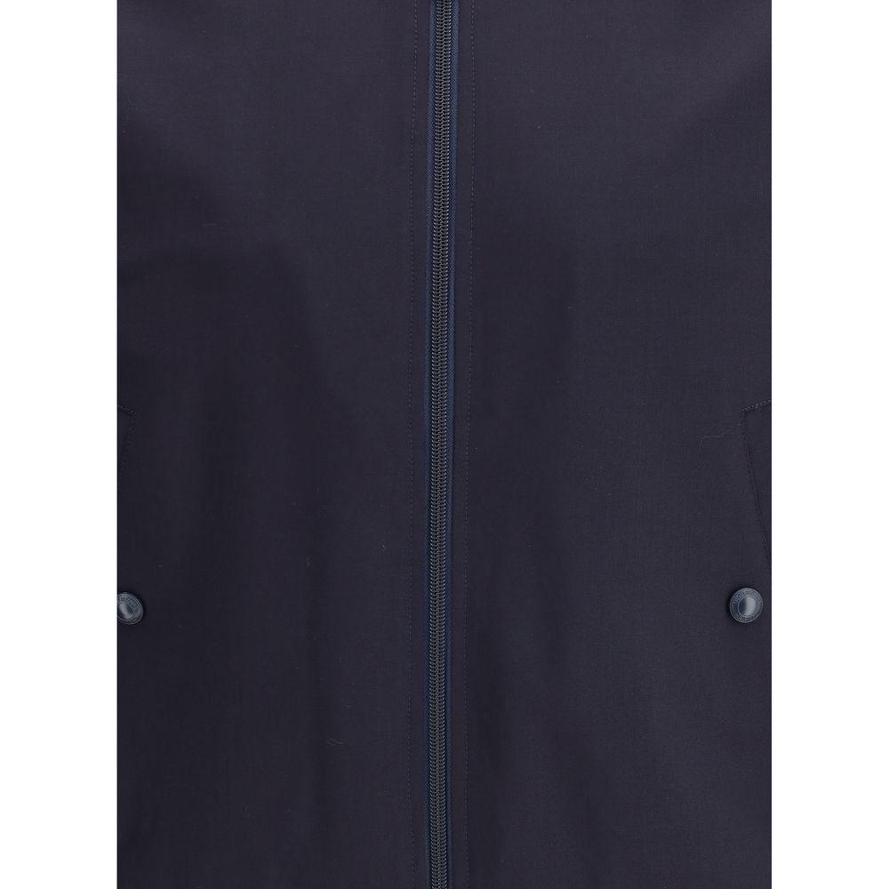 Thom Browne Wool Jacket with front zipper and side pockets, featuring ribbed cuffs and hem for comfort and a distinctive horizontal arm band.