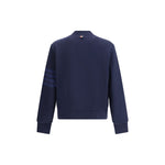 Back view of Thom Browne Zip Sweatshirt in navy with contrasting bands on the sleeve, made from 100% cotton, featuring a logo patch.