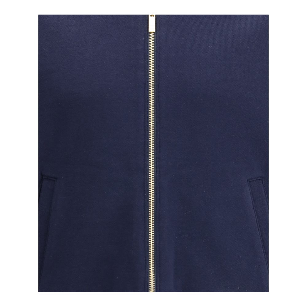 Front view of Thom Browne Zip Sweatshirt in navy blue with front zipper closure, featuring logo patch and iconic sleeve bands.