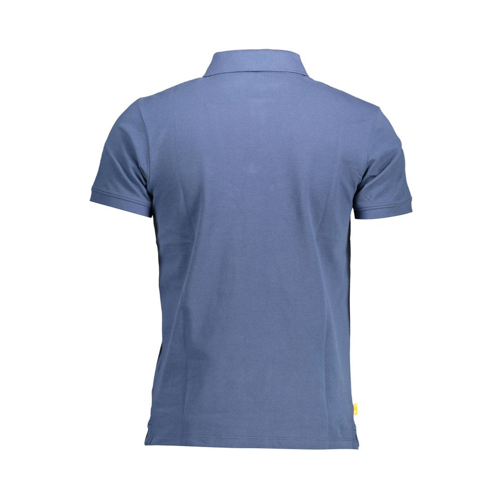 Back view of Timberland Blue Cotton Men Polo Shirt showcasing short sleeves and organic material.