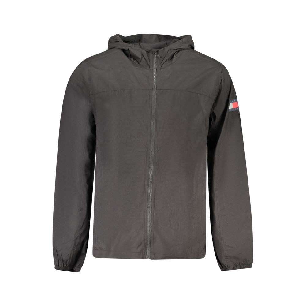 Tommy Hilfiger Black Polyamide Men Jacket with hood, zip closure, and logo on sleeve. Eco-conscious and stylish design for bold fashion.