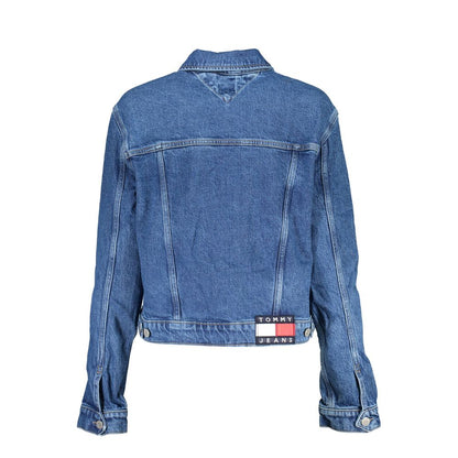 Tommy Hilfiger Blue Cotton Women Jacket with denim design and embroidered logo, showcasing back details and practical pockets.