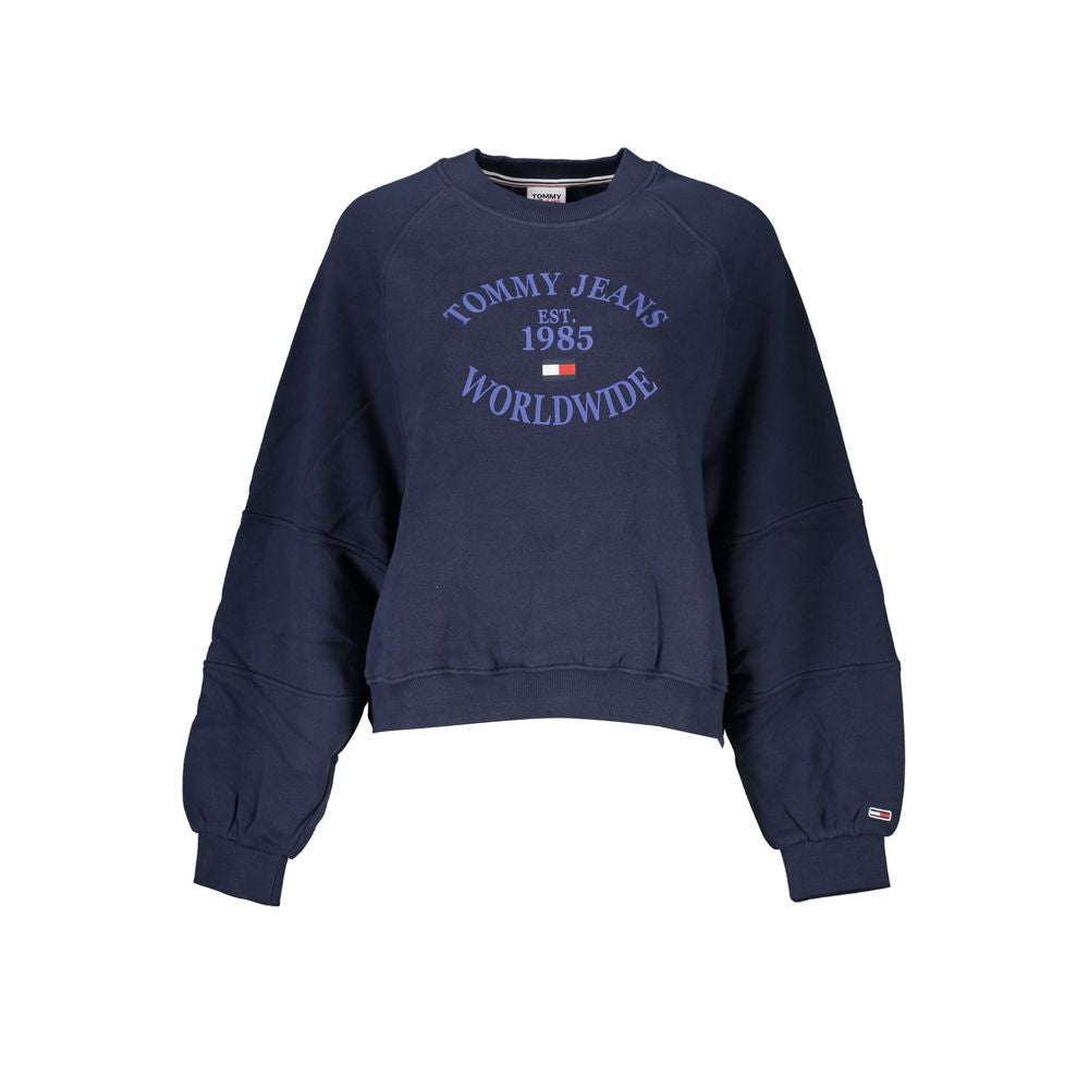 Tommy Hilfiger Blue Cotton Women Sweater with logo print, long sleeves, and brushed texture for a chic and cozy style