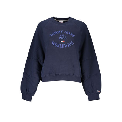 Tommy Hilfiger Blue Cotton Women Sweater with logo print, long sleeves, and brushed texture for a chic and cozy style