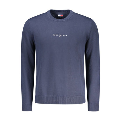 Tommy Hilfiger Blue Polyester Men Sweater with embroidered logo, eco-conscious design, and wool blend.