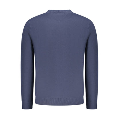 Rear view of Tommy Hilfiger Blue Polyester Men Sweater showcasing long sleeves and crew neck design.