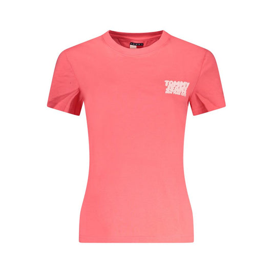 Tommy Hilfiger Pink Cotton Women T-Shirt showcasing short sleeves and logo detail.