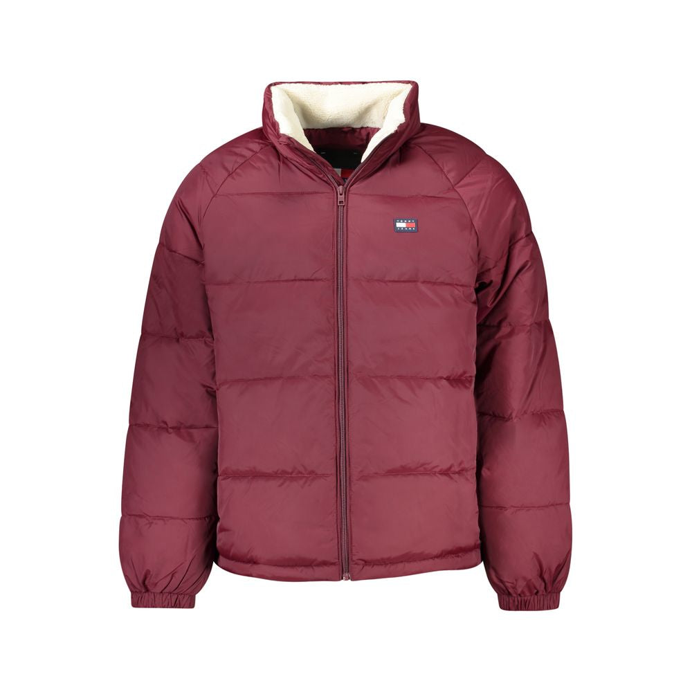 Tommy Hilfiger Red Recycled Polyester Men Jacket with zip closure and logo displayed on the front view.