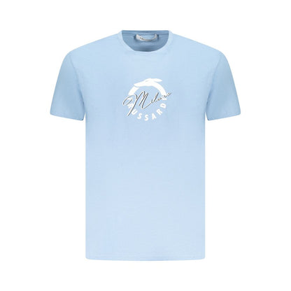 Trussardi Light Blue Cotton Men T-Shirt with logo print, short sleeves, and premium cotton for comfort and style.