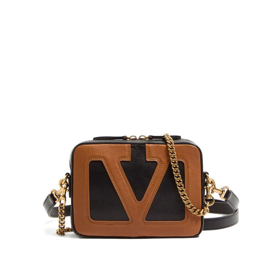 Valentino Garavani Viva Superstar leather camera bag with chain-link shoulder strap and internal card slots, black and brown