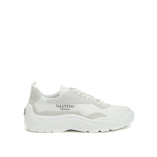 Alt Tag: Valentino Garavani White Leather Low Top Sneakers with suede detail, Italian-made, featuring contrast logo and lace-up fastening.