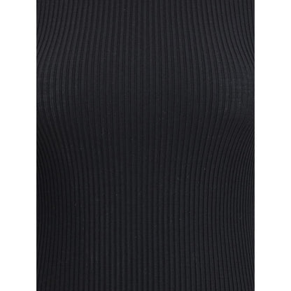 Close-up of the ribbed texture on Wolford Black Fleece Wool Turtleneck, showcasing high-quality virgin wool material and slim fit design.