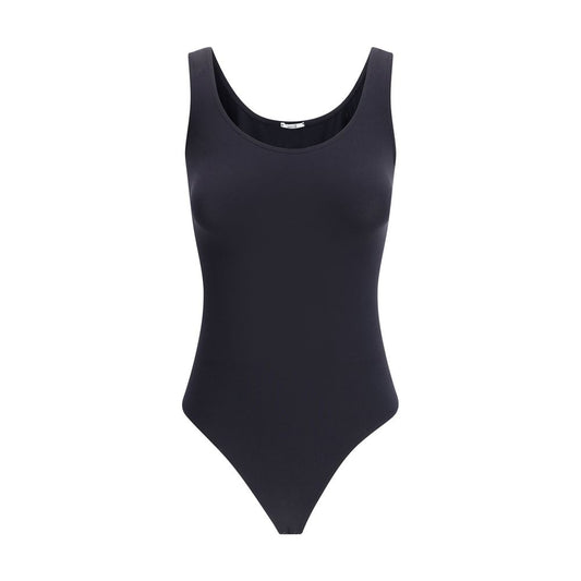 Wolford Black Polyamide Top, seamless sleeveless Jamaika Bodysuit with deep round neckline, made from soft Velvet circular knit fabric.