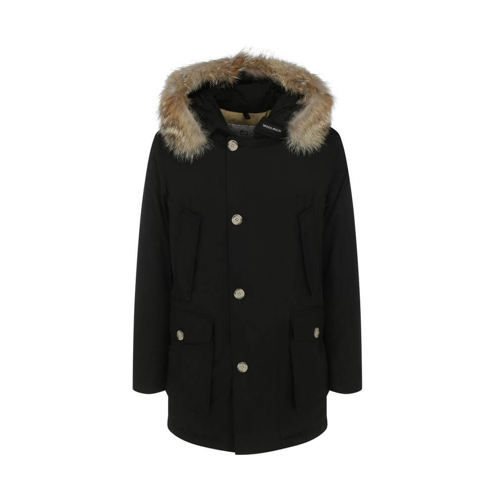 Woolrich Black Cotton Parka with fur hood, padded design, and front closure featuring zip and buttons, AW25 season.