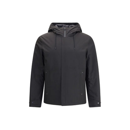 Woolrich Black Polyester Shell Jacket with adjustable drawstring hood and double-slider zipper, front view.
